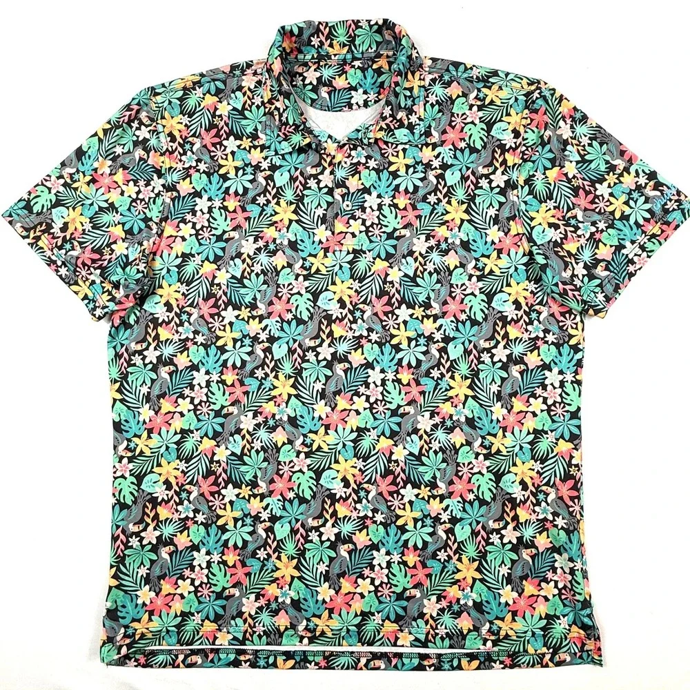 Chubbies Boomshakalaka Performance Polo Tropical Toucan Floral Black Mens L‎